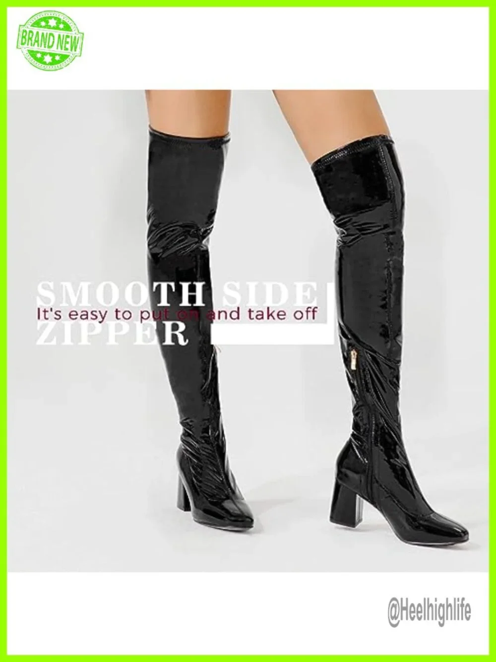 Patent PU Chunky Heel Over the Knee Boots Square Toe Side Zipper GOGO Boots